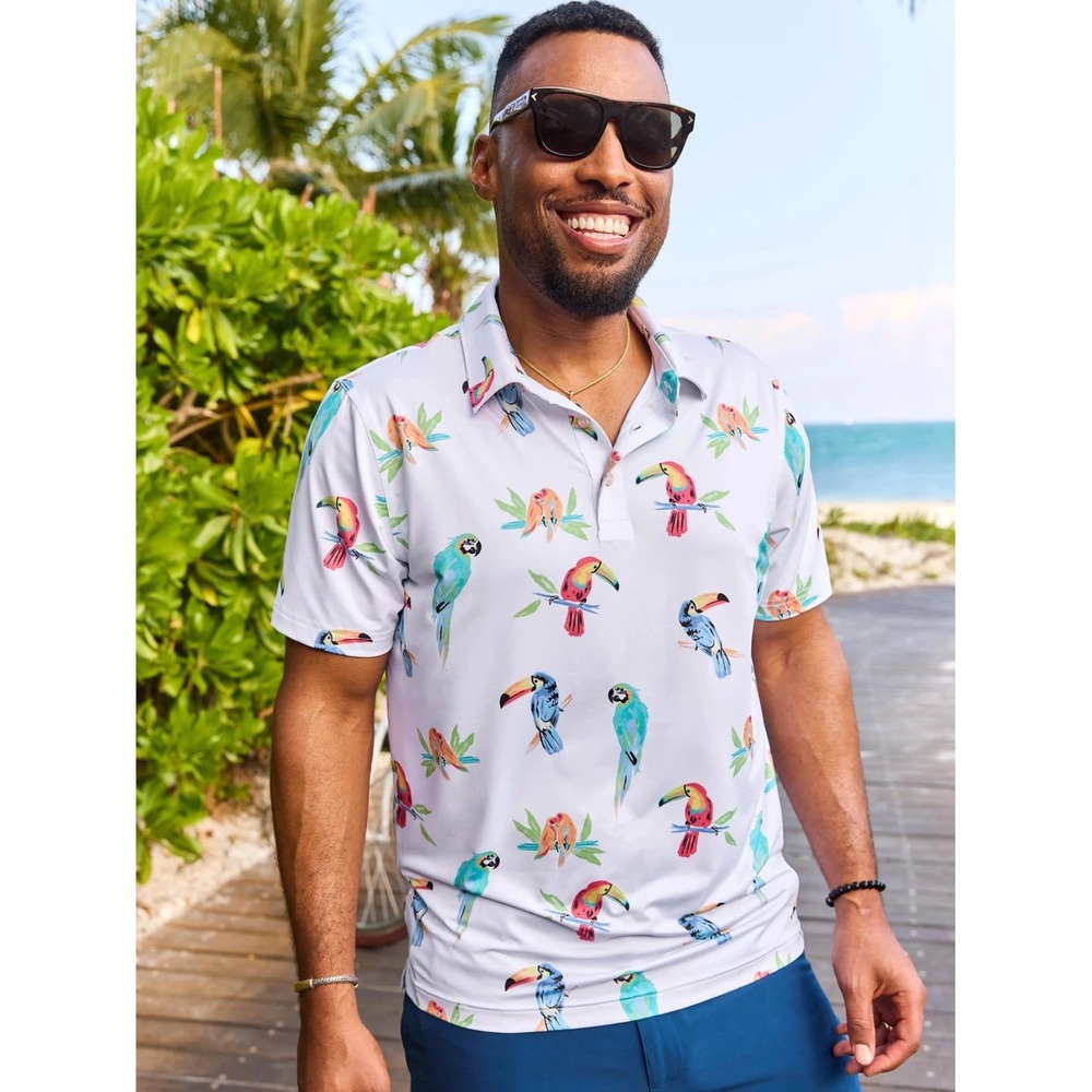 Chubbies Mens Tropical Bird Parrot Toucan Performance Polo Shirt Gray Small